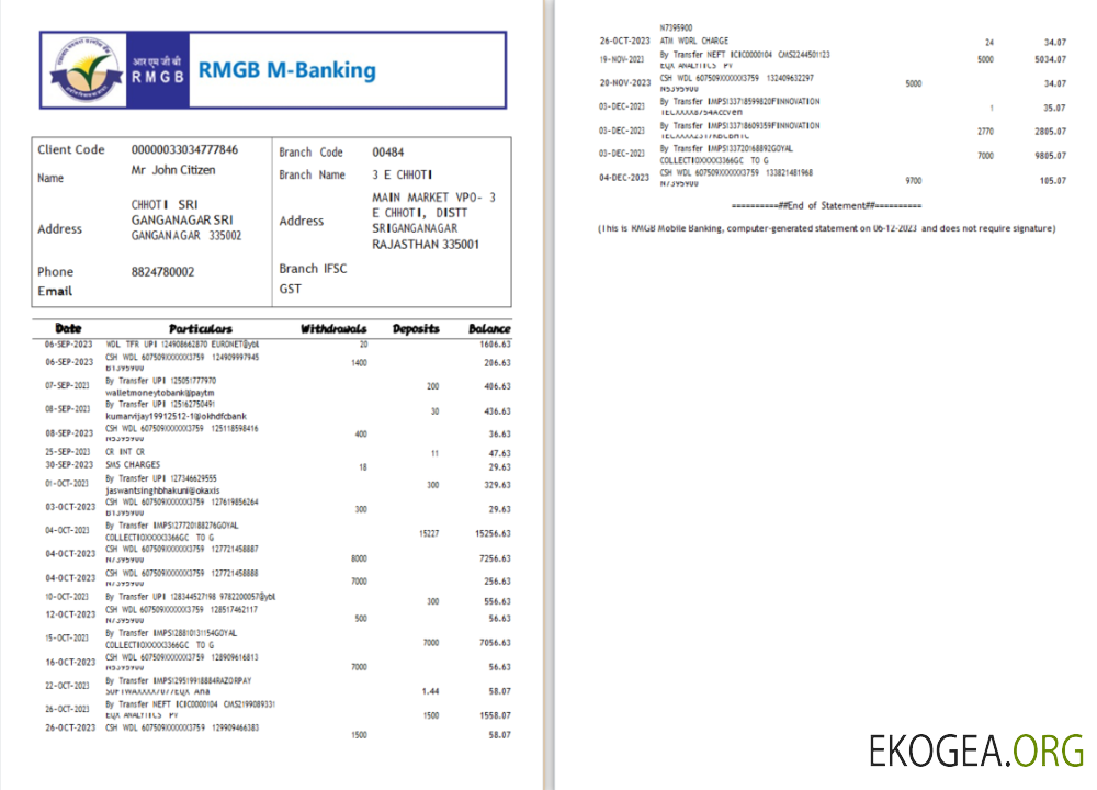 Modèle Word et PDF de relevé bancaire RMGB en Inde, 2 pages scr